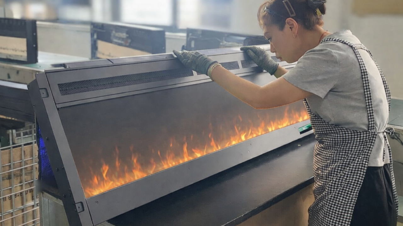 Workers inspect fireplace