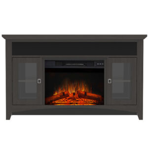 Impressive Flame Electric Fireplace TV Stand with Glass Door Cabinets, Modern Grey Entertainment Center WF521