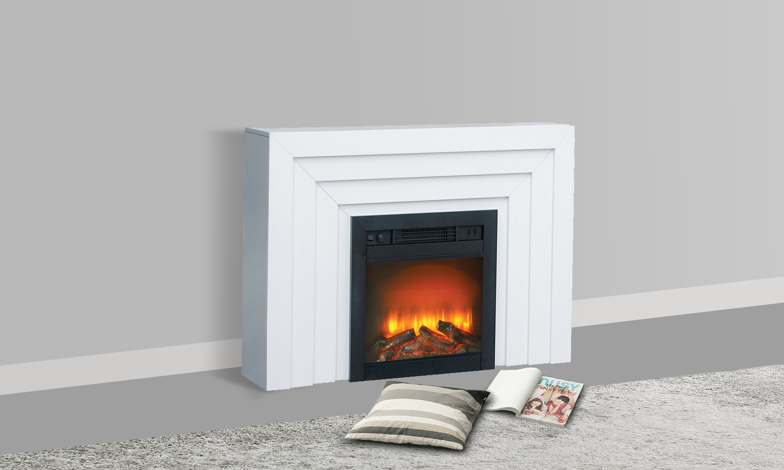 Impressive Flame Modern White Electric Fireplace with Geometric Mantel WF-633