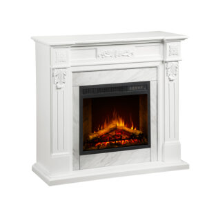 Impressive Flame Traditional White Electric Fireplace with Ornate Mantel & Marble-Effect Surround WF-772EF