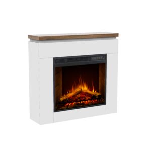 Impressive Flame Slim White Electric Fireplace with Wood Mantel Top & 3D Flame WF-019